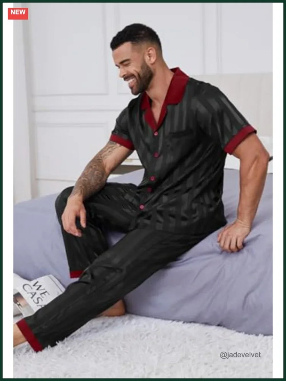 Men's Satin Pajama Set Short Sleeve Sleepwear with Long Pants